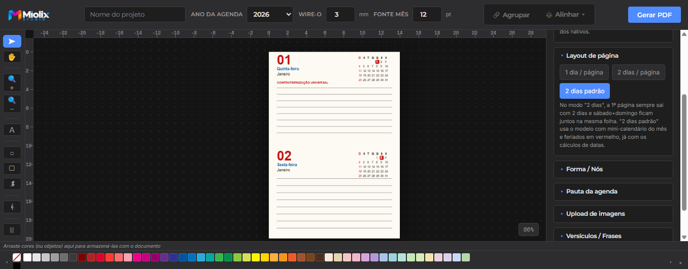 Editor do Miolix Studio — modelo 2 dias por página, o clássico da agenda 14×20