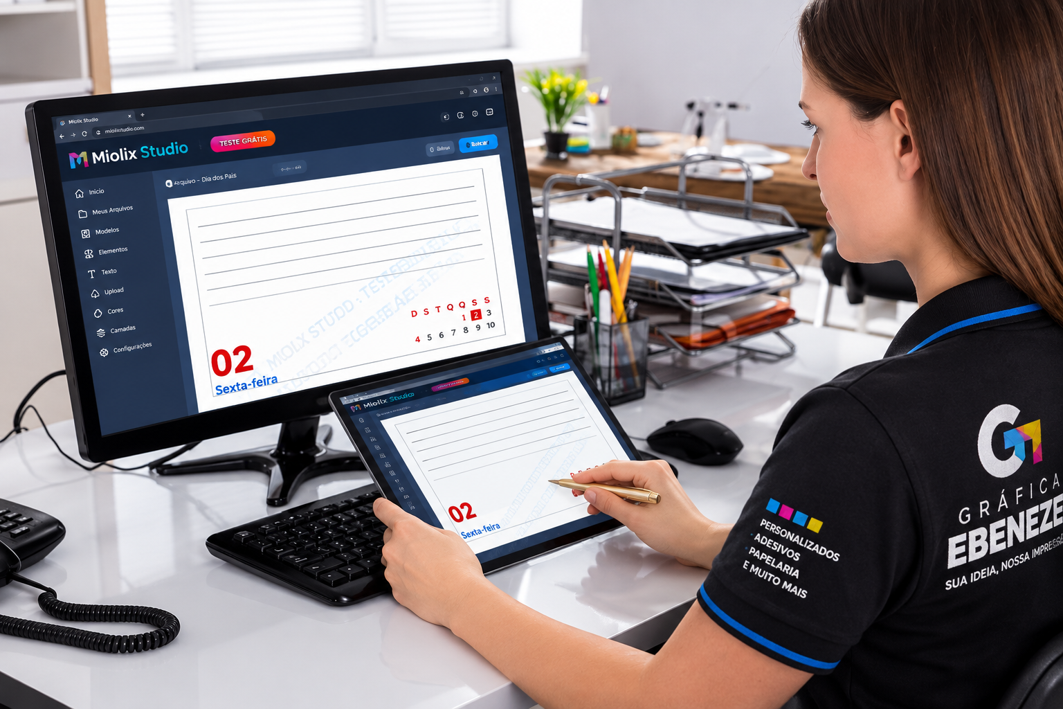 Cliente usando o Miolix Studio no computador e acompanhando no tablet