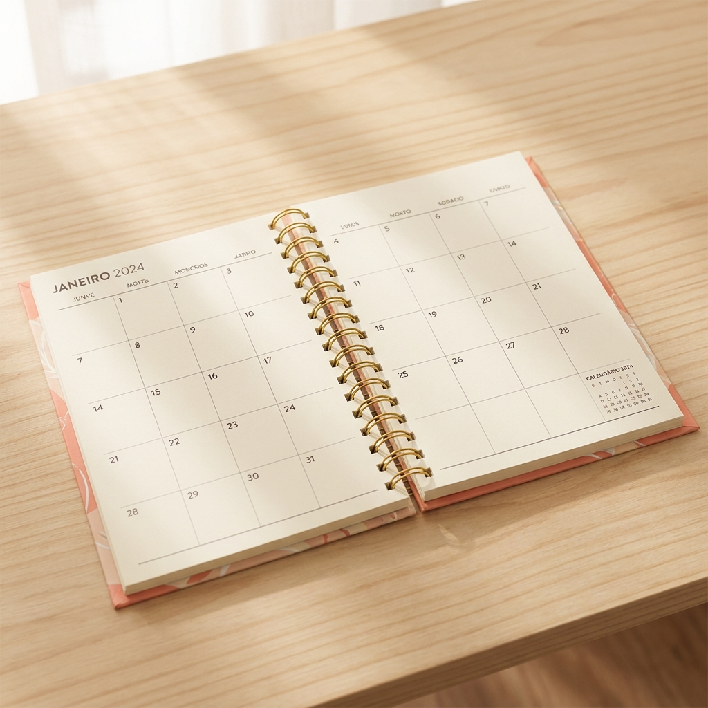 Agenda 14×20 encadernada com Wire-O e capa — imagem ilustrativa do produto final