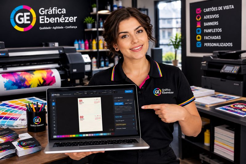 Mulher com notebook mostrando o Miolix Studio
